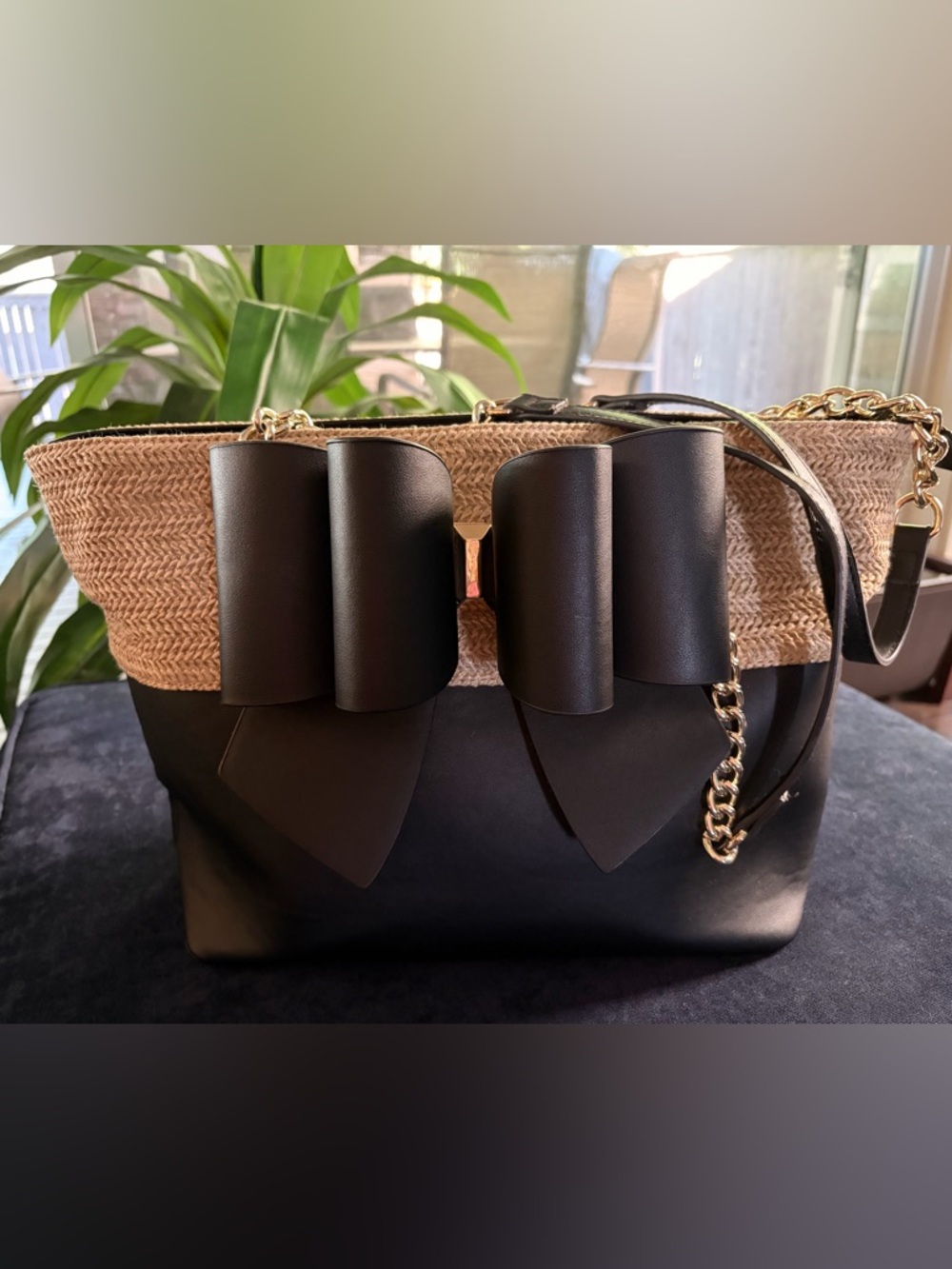 Black Straw-Trim Shoulder Handbag with Bow Accent